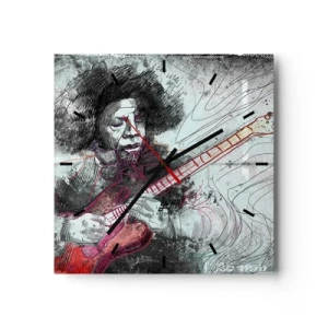 Reloj de pared - Reloj de vidrio - Retrato artístico de un guitarrista en la técnica del boceto. - 30x30cm - Volando con la música - Decoración de pared moderna para salón y dormitorio ARTTOR