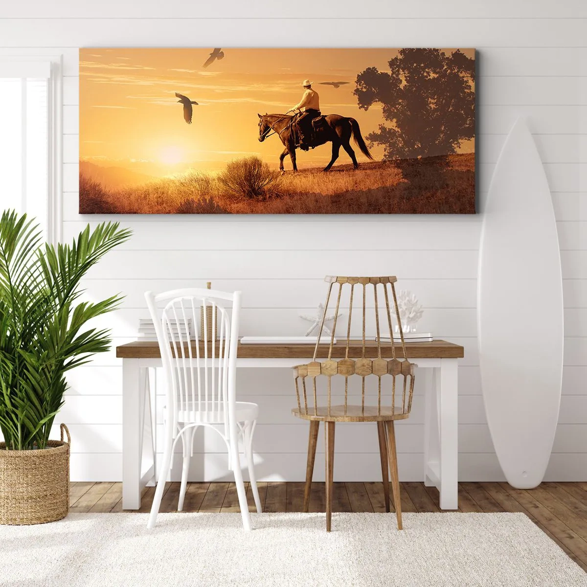 Cuadro sobre lienzo - Impresión de Imagen - Un jinete a caballo al atardecer contra la pradera. - 120x50cm - Solo a través de la pradera - Decoración de pared moderna para salón y dormitorio ARTTOR