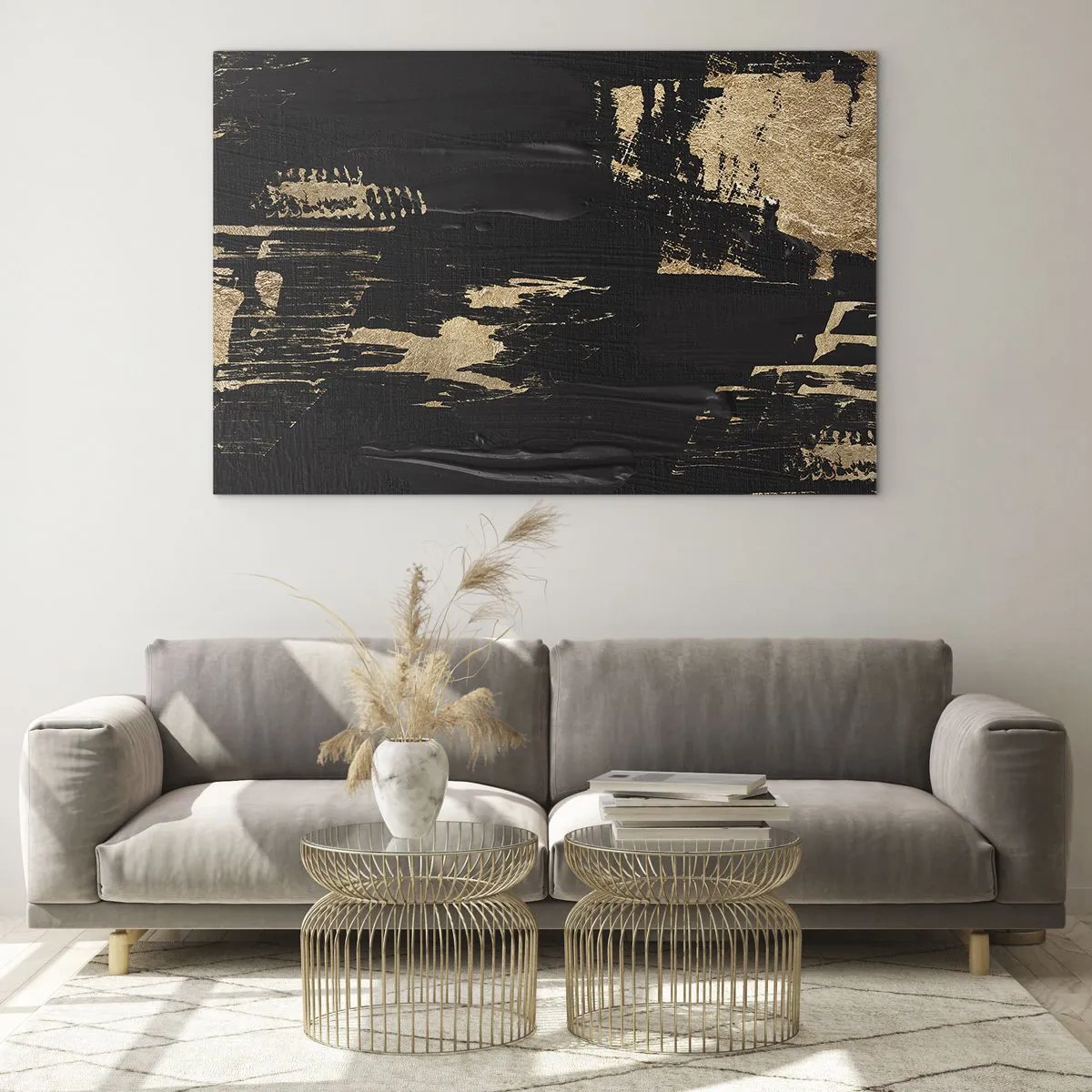 Cuadro sobre vidrio - Impresiones sobre Vidrio - Abstracción negra y dorada con una textura similar a una pincelada. - 100x70cm - Un rastro de tacto - Decoración de pared moderna para salón y dormitorio ARTTOR