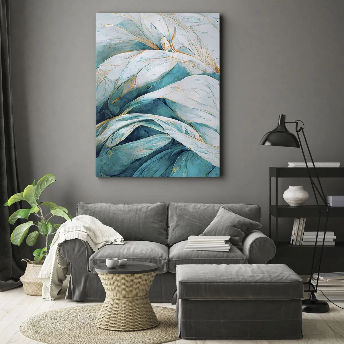 Cuadro sobre lienzo - Impresión de Imagen - Hojas azules abstractas con detalles dorados - 50x70cm - Abstracción azul con motivos dorados - Decoración de pared moderna para salón y dormitorio ARTTOR