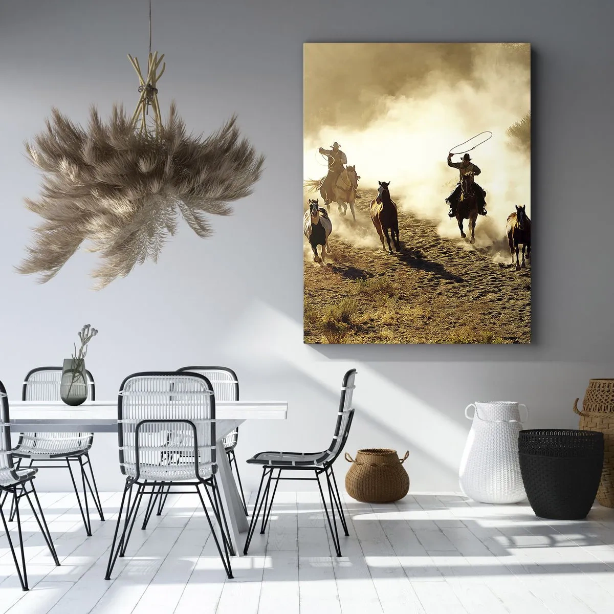 Cuadro sobre lienzo - Impresión de Imagen - Vaqueros a caballo en acción en el terreno desértico. - 50x70cm - El salvaje oeste - Decoración de pared moderna para salón y dormitorio ARTTOR