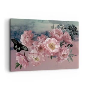 Cuadro sobre lienzo - Impresión de Imagen - Peonías rosas con una mariposa sobre un fondo pastel. - 100x70cm - La cúspide del romance - Decoración de pared moderna para salón y dormitorio ARTTOR
