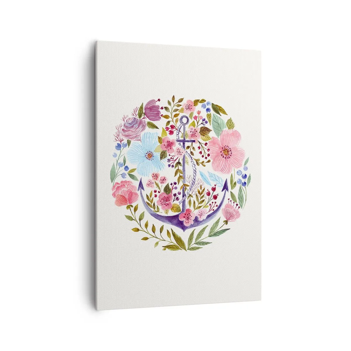 Cuadro sobre lienzo - Impresión de Imagen - Un ancla rodeada de flores de acuarela sobre un fondo claro. - 70x100cm - El sueño reparador de un marinero - Decoración de pared moderna para salón y dormitorio ARTTOR