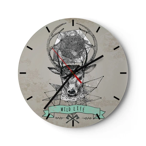 Reloj de pared - Reloj de vidrio - Ciervo geométrico con la inscripción "Vida salvaje" sobre un fondo gris. - 30x30cm - Visión de San Huberto - Decoración de pared moderna para salón, cocina y dormitorio ARTTOR