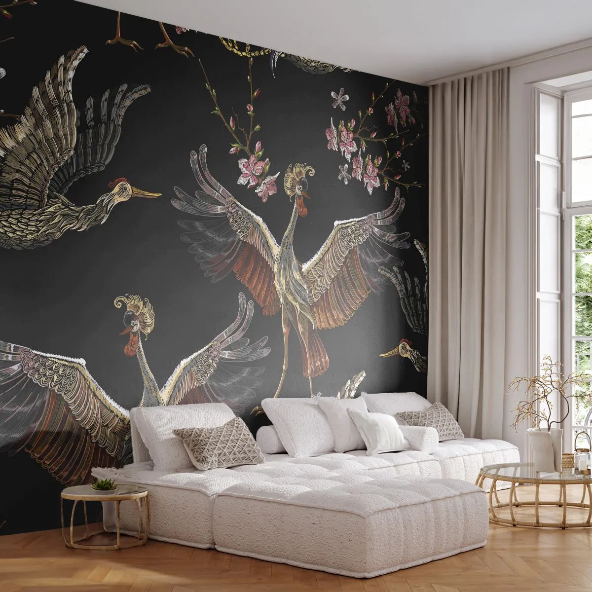 Fotomural Premium Canvas - Grullas y flores elegantes sobre un fondo negro. - 100x70cm - Aves de cuento de hadas - Decoración de pared moderna para salón y dormitorio ARTTOR