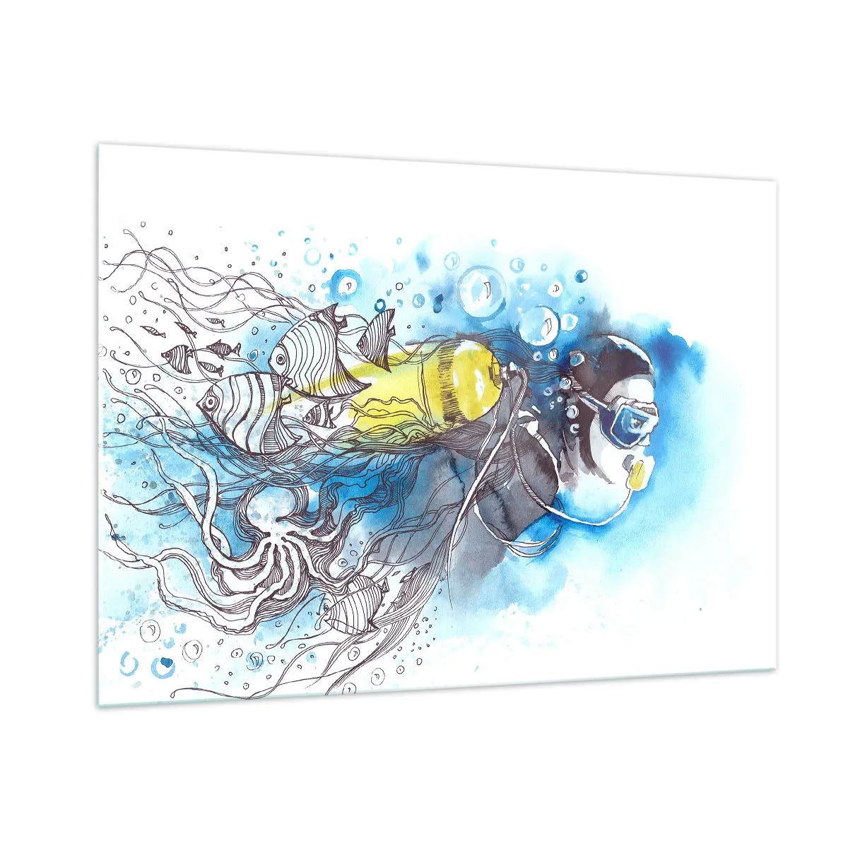 Cuadro sobre vidrio - Impresiones sobre Vidrio - Buceador bajo el agua con peces en acuarela artística. - 100x70cm - Sumergirse en lo desconocido - Decoración de pared moderna para salón y dormitorio ARTTOR
