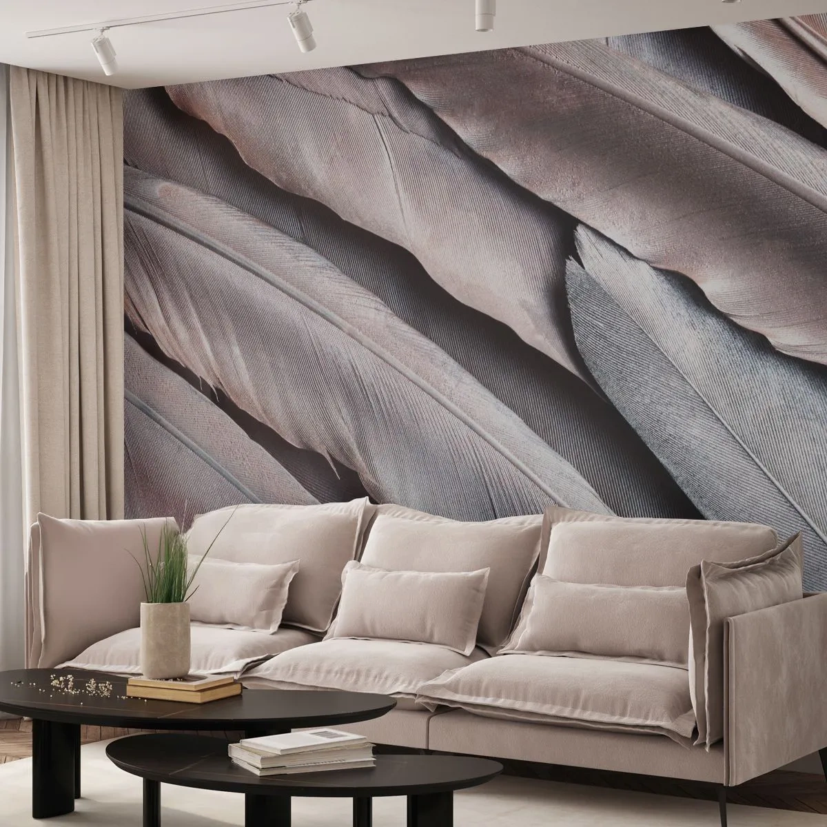 Fotomural Premium Sand - En rosa plateado - pluma de pájaro, Gráficos, bohemia - 250x175 cm