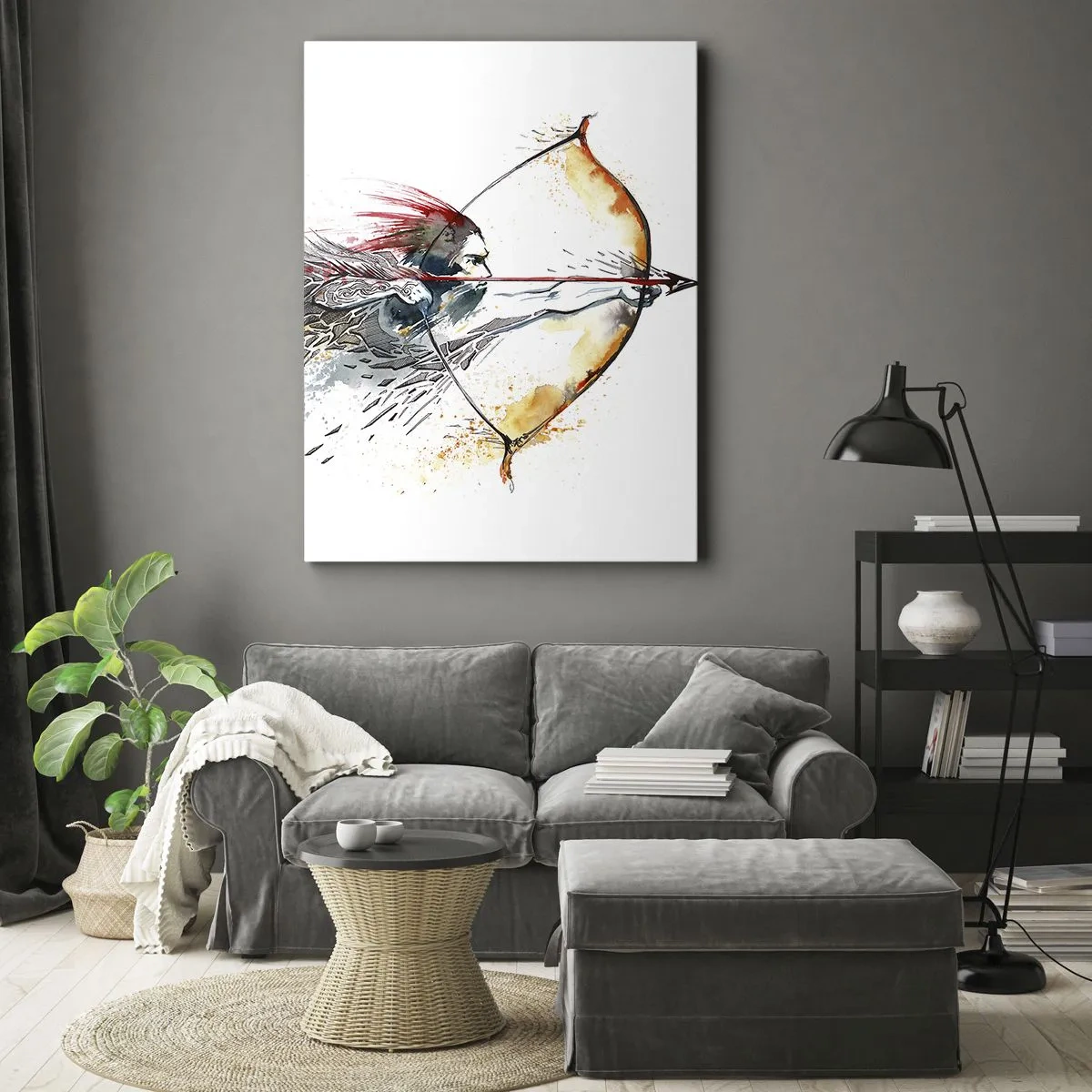 Cuadro sobre lienzo - Impresión de Imagen - Pintura dinámica de acuarela de un guerrero con arco y flecha. - 80x120cm - Guerrero mítico con arco de fuego - Decoración de pared moderna para salón y dormitorio ARTTOR