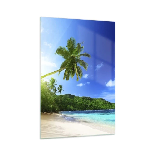 Cuadro sobre vidrio - Impresiones sobre Vidrio - Playa tropical con palmeras y mar turquesa. - 70x100cm - Un suave toque tropical - Decoración de pared moderna para salón y dormitorio ARTTOR