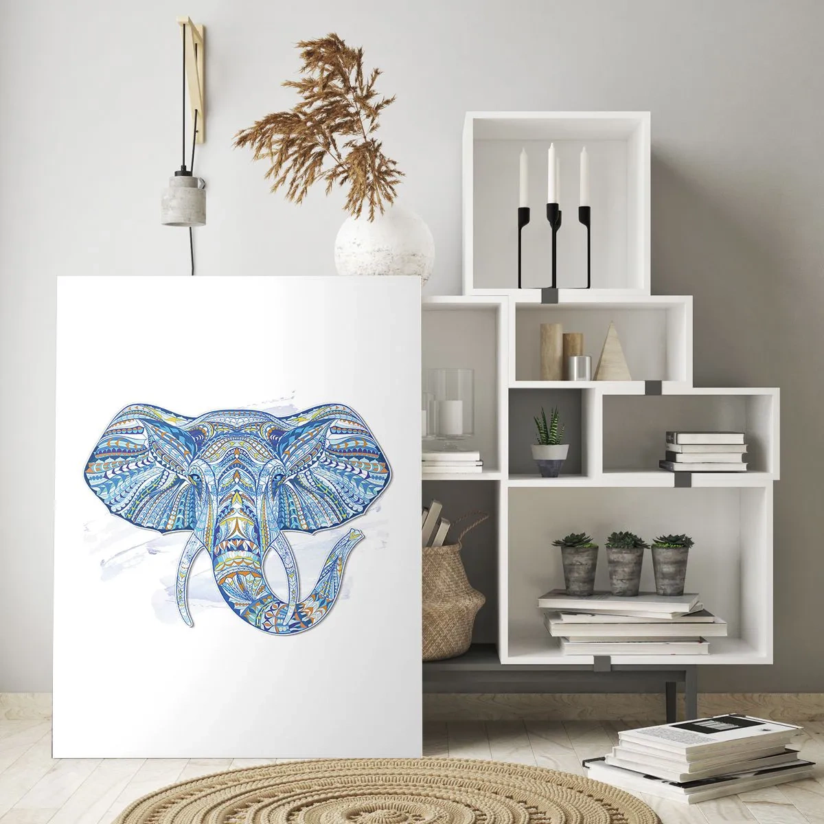 Cuadro sobre vidrio - Impresiones sobre Vidrio - Elefante azul en estilo artístico con patrones geométricos. - 50x70cm - Con incrustaciones de oro y azul - Decoración de pared moderna para salón y dormitorio ARTTOR