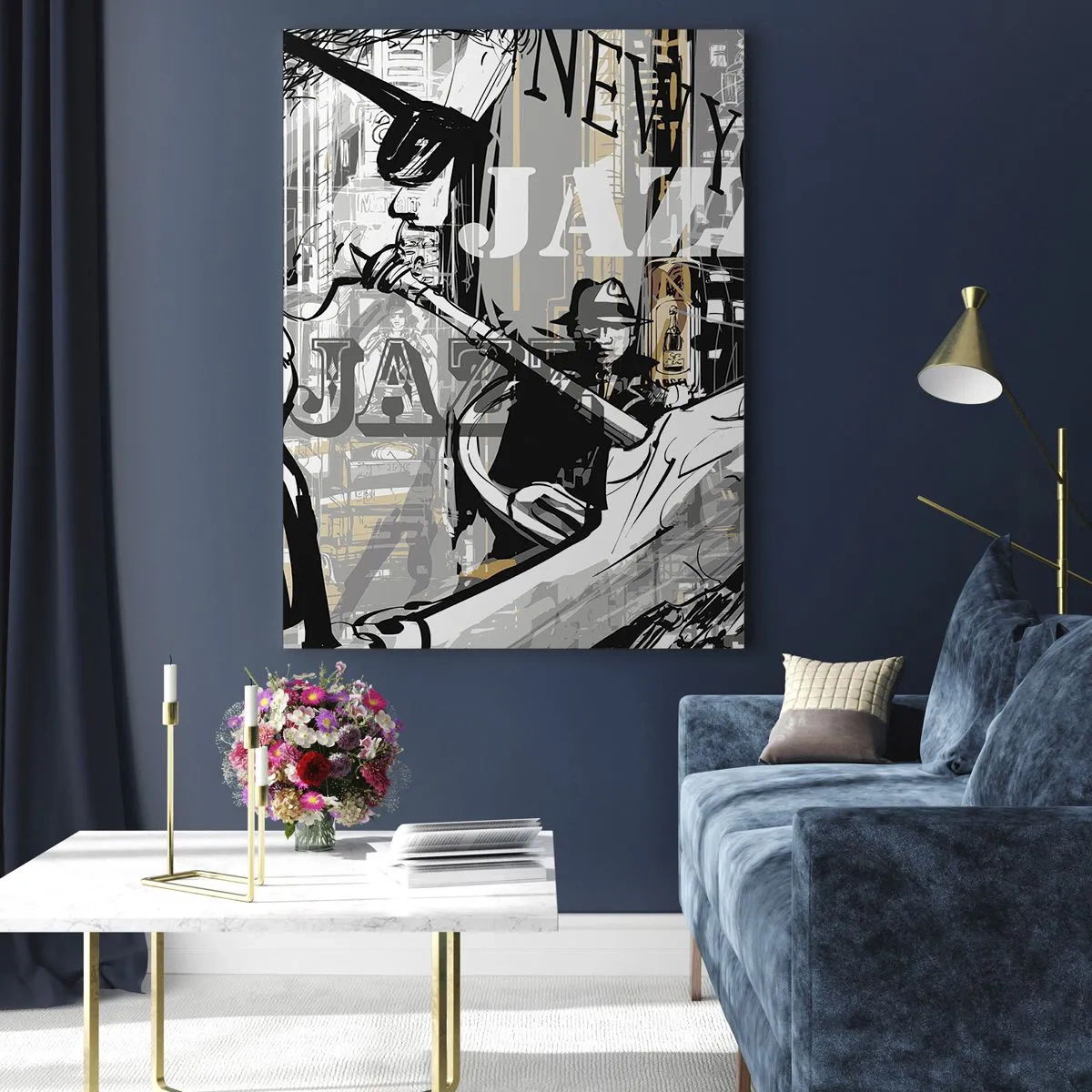 Cuadro sobre vidrio - Impresiones sobre Vidrio - Un elegante dibujo de un músico de jazz tocando la trompeta en un entorno de Nueva York. - 50x70cm - Al ritmo de Nueva York - Decoración de pared moderna para salón y dormitorio ARTTOR