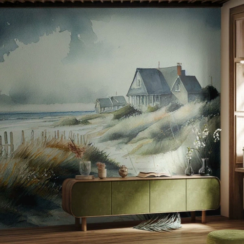 Fotomural Premium Sand - Casas en una duna costera en estilo de pintura de acuarela - 100x70cm - Lejos del bullicio - Decoración de pared moderna para salón y dormitorio ARTTOR