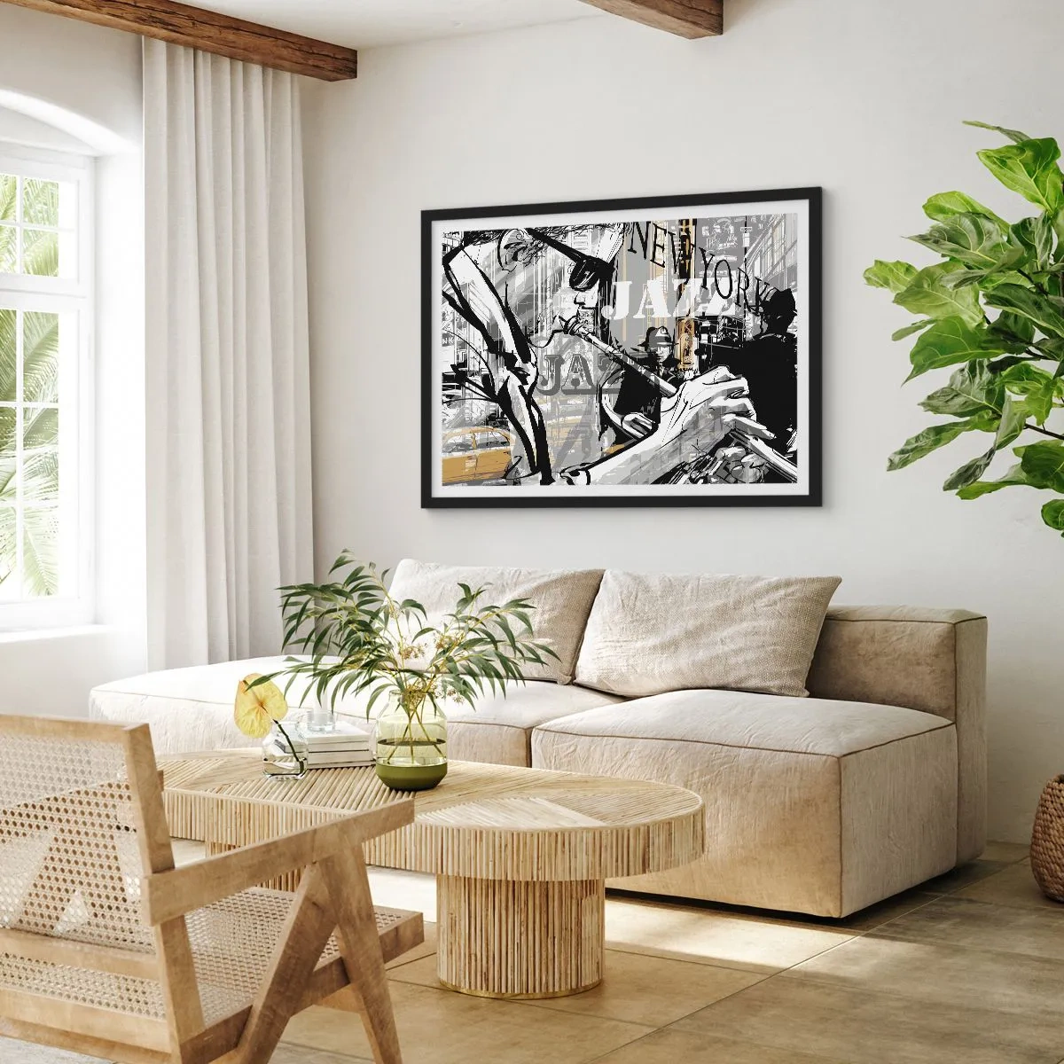 Póster en marco negro - Escena de jazz de Nueva York - 100x70cm - Al ritmo de Nueva York - Decoración de pared moderna para salón y dormitorio ARTTOR