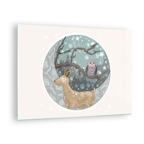 Cuadro sobre vidrio - Impresiones sobre Vidrio - Ilustración de un ciervo y un búho en un entorno mágico. - 70x50cm - Noche de bosque de cuento de hadas - Decoración de pared moderna para salón y dormitorio ARTTOR