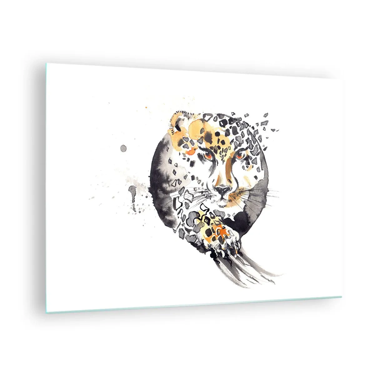 Cuadro sobre vidrio - Impresiones sobre Vidrio - Leopardo en una composición dinámica y abstracta. - 70x50cm - Belleza depredadora - Decoración de pared moderna para salón y dormitorio ARTTOR