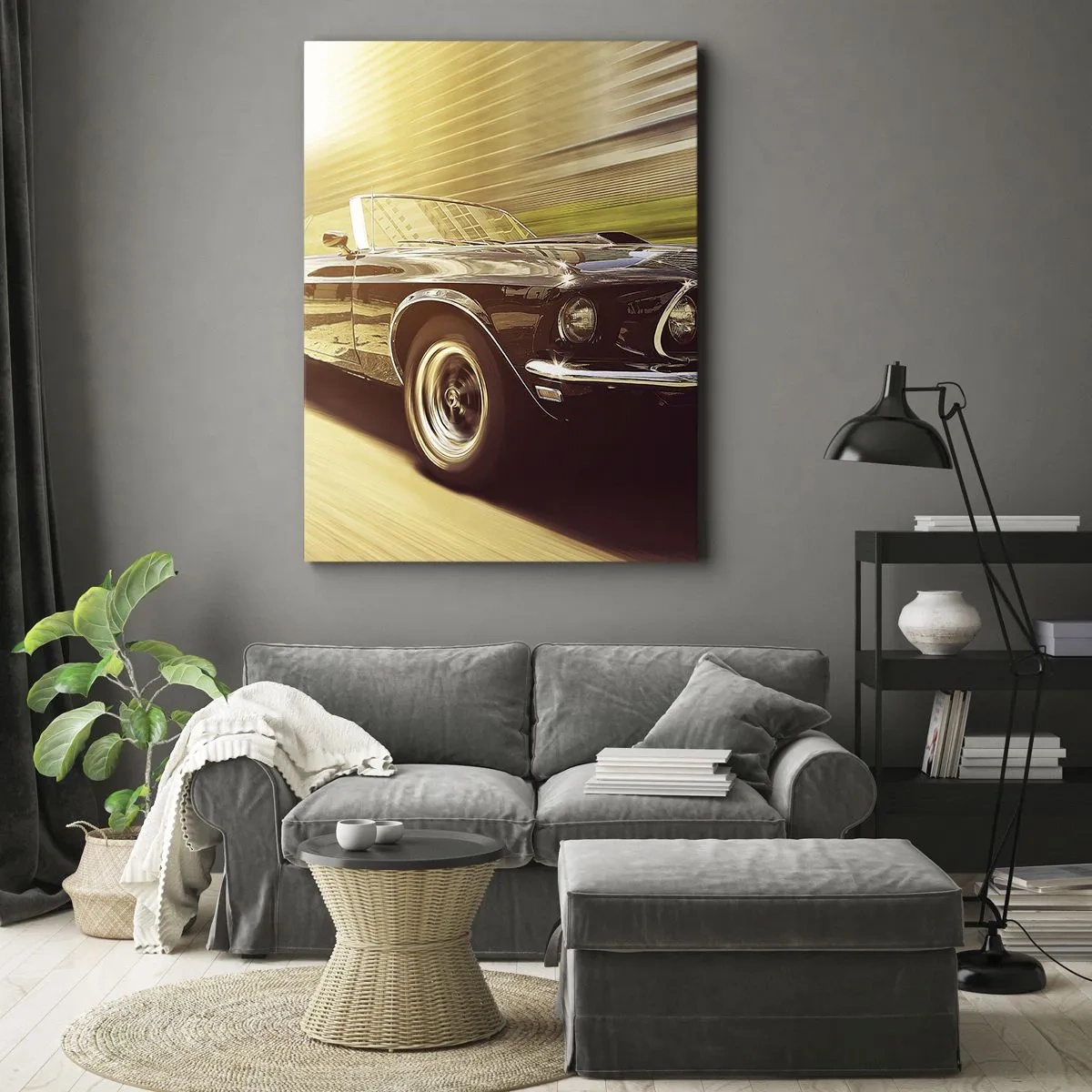 Cuadro sobre lienzo - Impresión de Imagen - Un coche clásico en movimiento con un telón de fondo urbano. - 50x70cm - 1967 - El retorno de una leyenda - Decoración de pared moderna para salón y dormitorio ARTTOR