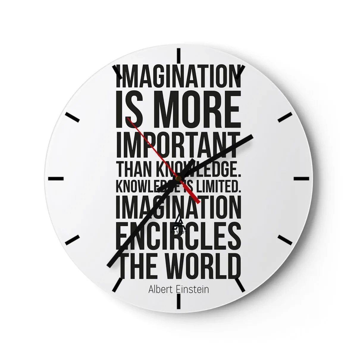 Reloj de pared - Reloj de vidrio - Cita inspiradora de Albert Einstein - 30x30cm - Einstein, sobre el poder de la imaginación - Decoración de pared moderna para salón, cocina y dormitorio ARTTOR