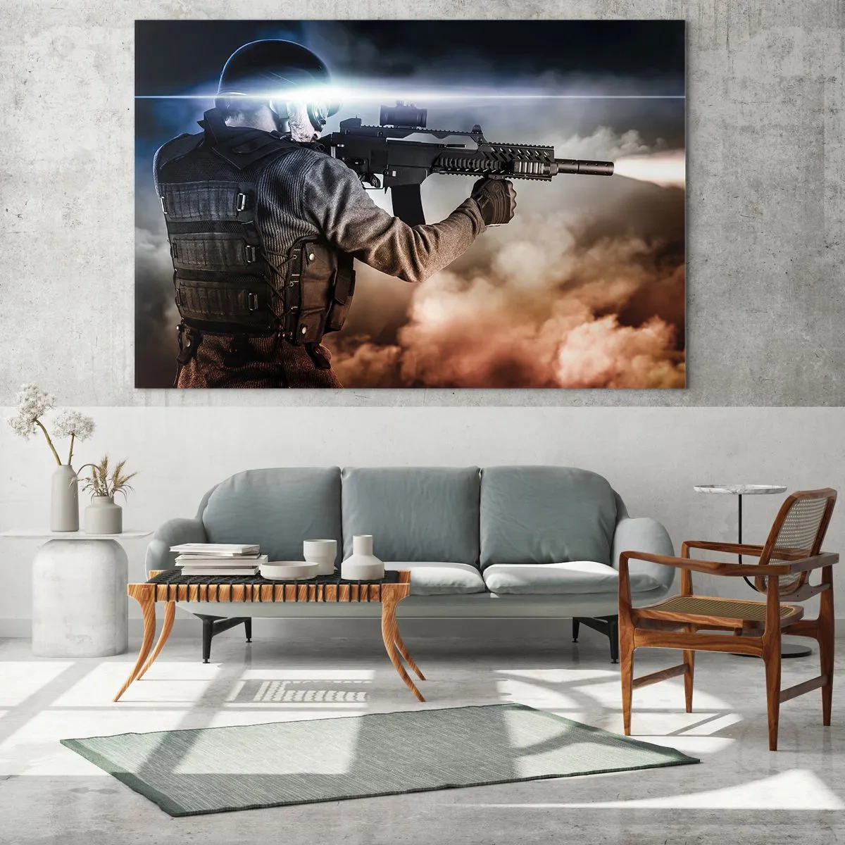 Cuadro sobre vidrio - Impresiones sobre Vidrio - Un soldado en acción disparando un rifle contra un fondo de humo. - 120x80cm - Luchador - Decoración de pared moderna para salón y dormitorio ARTTOR
