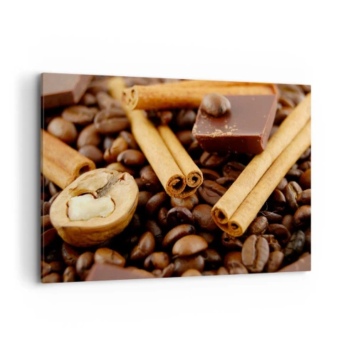 Cuadro sobre lienzo - Impresión de Imagen - Granos de café con ramas de canela, chocolate y nueces. - 100x70cm - Concierto de aromas - Decoración de pared moderna para salón y dormitorio ARTTOR