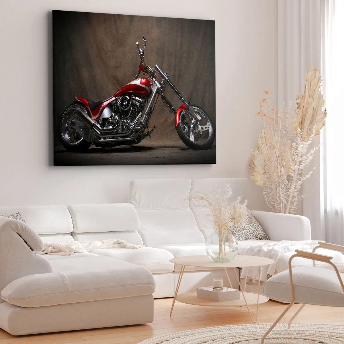 Cuadro sobre lienzo - Impresión de Imagen - Motocicleta roja personalizada sobre un fondo de tela marrón. - 70x50cm - Belleza rojo-plateada - Decoración de pared moderna para salón y dormitorio ARTTOR