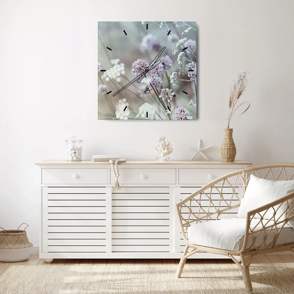 Reloj de pared - Reloj de vidrio - Delicadas flores en tonos pastel. - 30x30cm - Dulces filigranas de hierbas - Decoración de pared moderna para salón y dormitorio ARTTOR