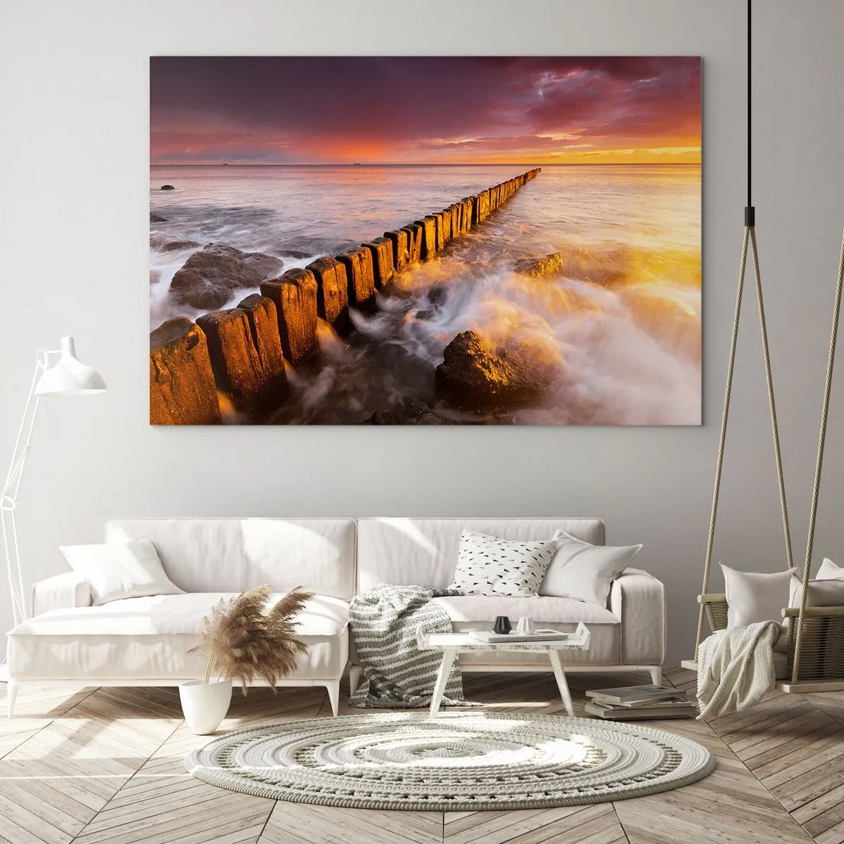 Cuadro sobre vidrio - Impresiones sobre Vidrio - Puesta de sol sobre el mar con un rompeolas de madera - 120x80cm - La dulzura de las olas - Decoración de pared moderna para salón y dormitorio ARTTOR