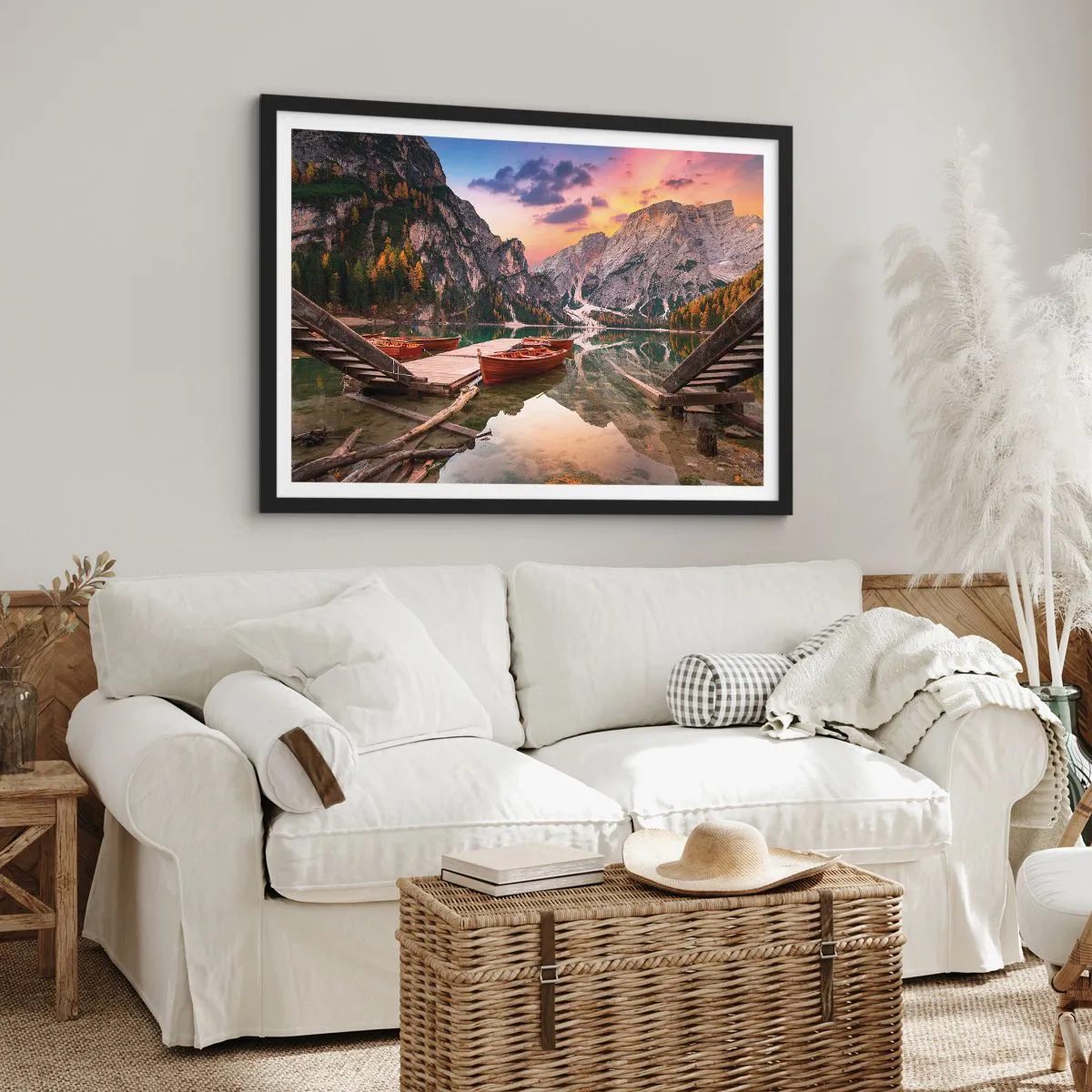 Póster en marco negro - Lago de montaña con barcos al atardecer - 70x50cm - Espejo entre montañas - Decoración de pared moderna para salón y dormitorio ARTTOR