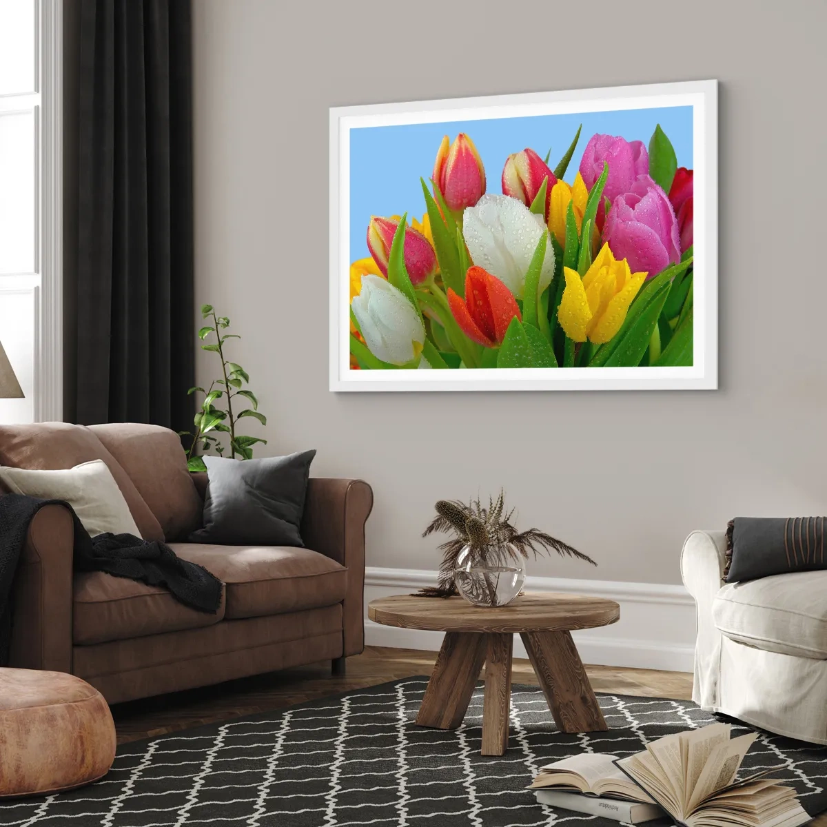 Póster en marco blanco - Arco iris floral en gotas de rocío - 91x61 cm