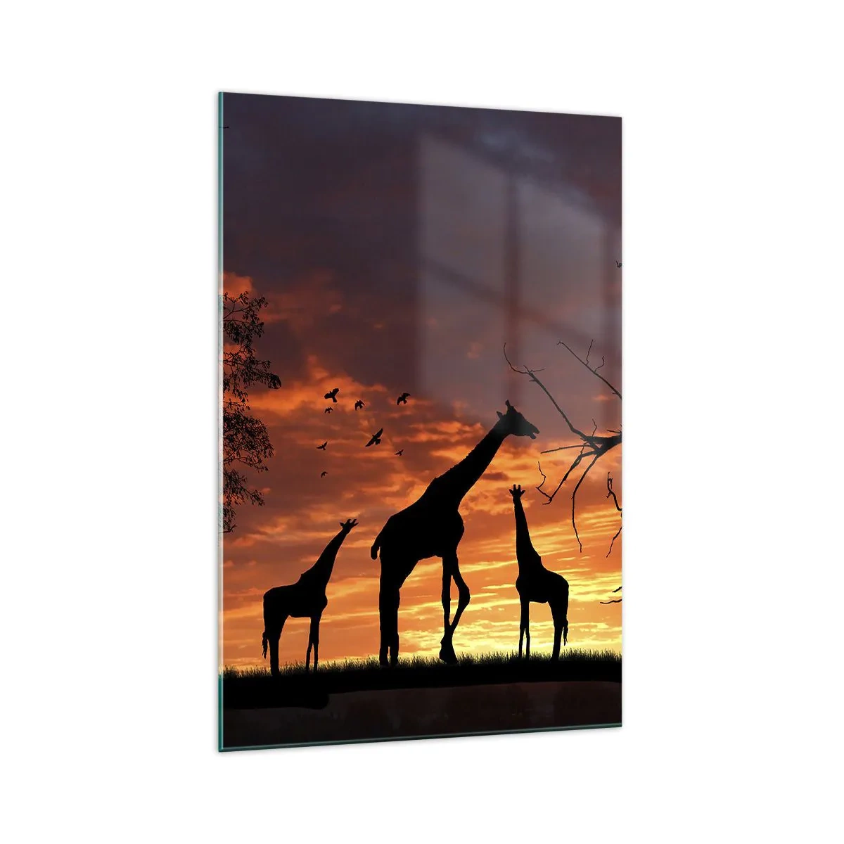 Cuadro sobre vidrio - Impresiones sobre Vidrio - Siluetas de jirafas con el atardecer africano como telón de fondo - 70x100cm - Una pequeña cena con tus seres queridos - Decoración de pared moderna para salón y dormitorio ARTTOR