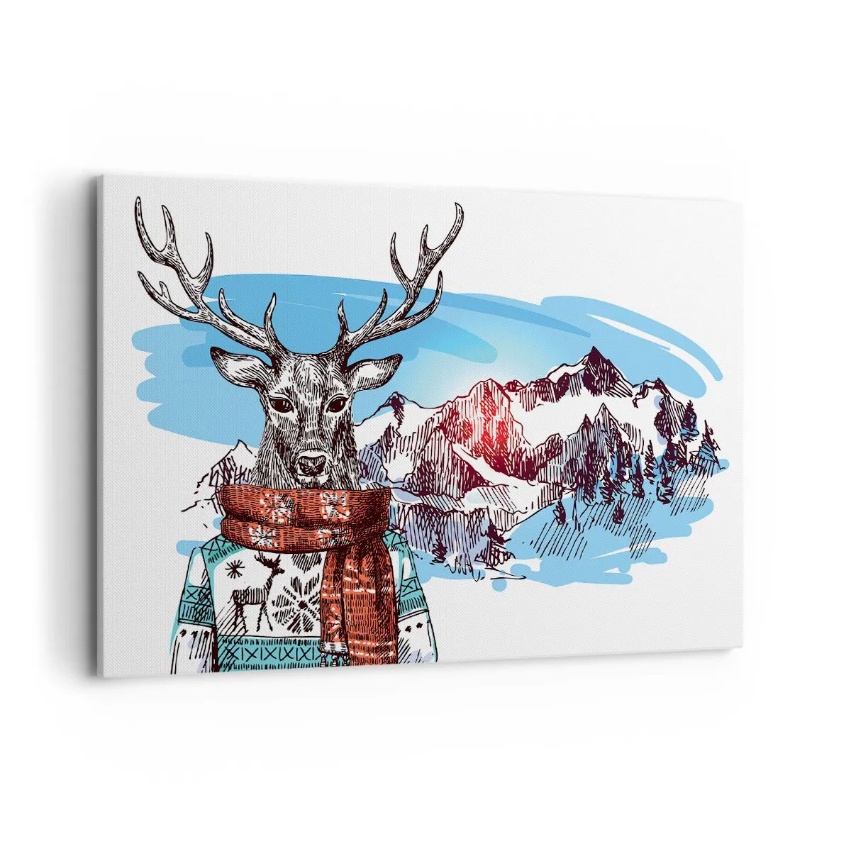 Cuadro sobre lienzo - Impresión de Imagen - Un ciervo con un suéter de invierno frente a un paisaje montañoso. - 100x70cm - Ni el ciervo pasa frío - Decoración de pared moderna para salón y dormitorio ARTTOR