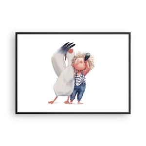 Póster en marco negro - Ilustración de un niño con un pelícano y un telescopio en la mano. - 100x70cm - Un plan para un gran viaje - Decoración de pared moderna para salón y dormitorio ARTTOR