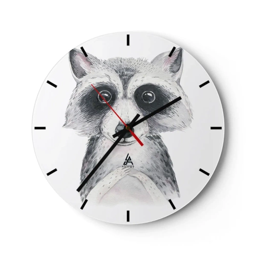 Reloj de pared - Reloj de vidrio - Un lindo mapache dibujado en blanco y negro. - 30x30cm - Un momento para la emoción - Decoración de pared moderna para salón, cocina y dormitorio ARTTOR