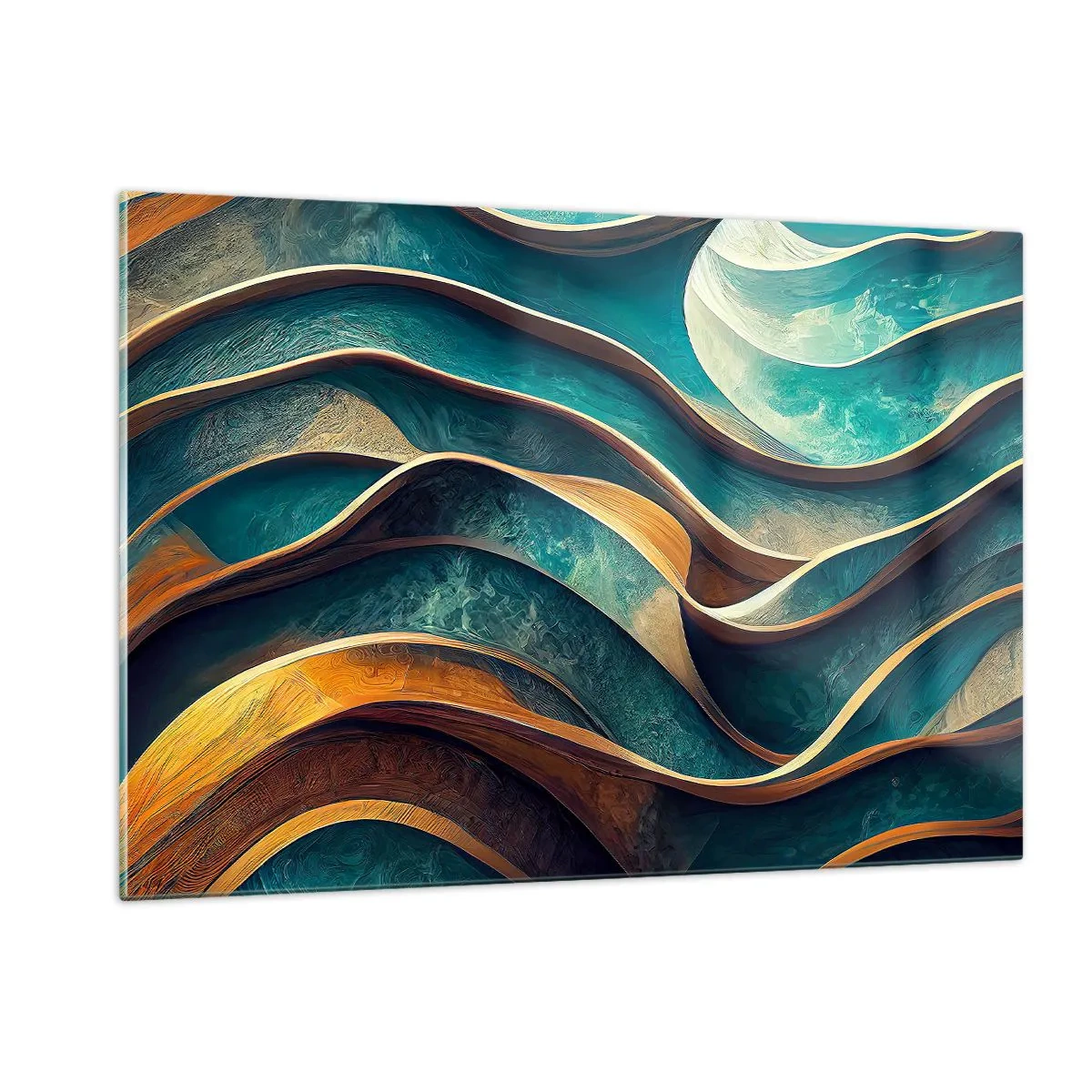 Cuadro sobre vidrio - Impresiones sobre Vidrio - Líneas dinámicas en azul y cobre que crean ondas. - 120x80cm - Meandros de azul - Decoración de pared moderna para salón y dormitorio ARTTOR
