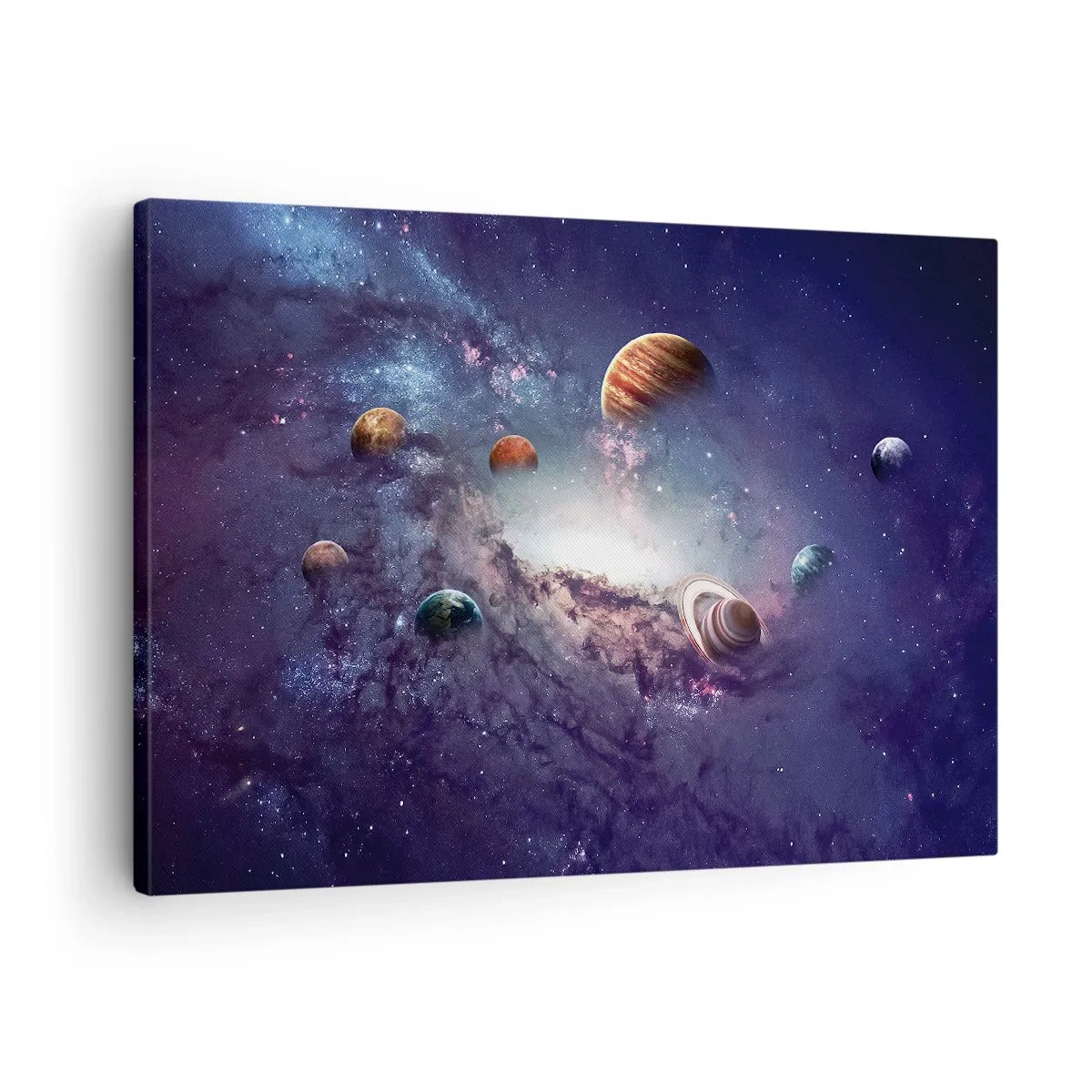 Cuadro sobre lienzo - Impresión de Imagen - Planetas en una galaxia con una nebulosa al fondo - 70x50cm - La danza alrededor del Sol - Decoración de pared moderna para salón y dormitorio ARTTOR