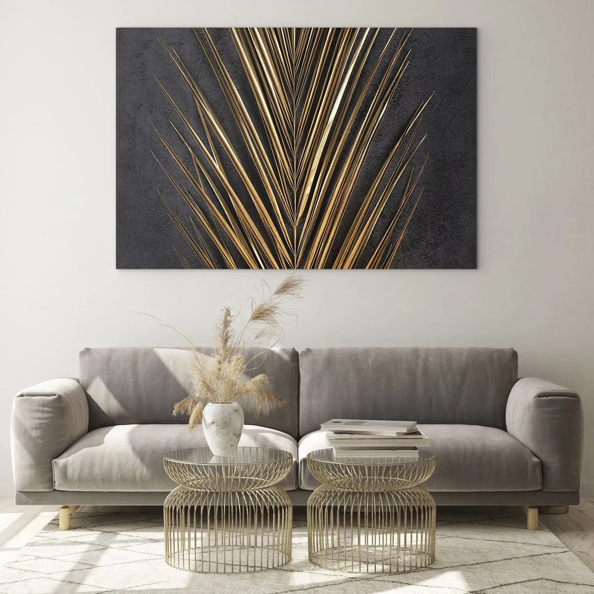 Cuadro sobre vidrio - Impresiones sobre Vidrio - Hoja de palma dorada sobre un fondo oscuro - 70x50cm - El oro de los trópicos - Decoración de pared moderna para salón y dormitorio ARTTOR