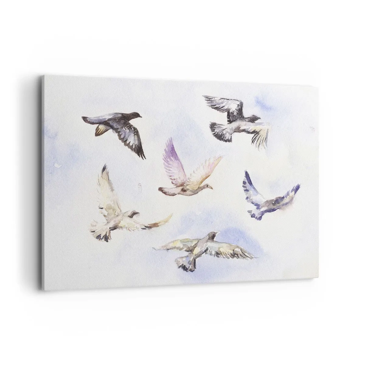 Cuadro sobre lienzo - Impresión de Imagen - Pájaros de acuarela en vuelo contra un cielo delicado. - 100x70cm - Libertad en gris y azul - Decoración de pared moderna para salón y dormitorio ARTTOR