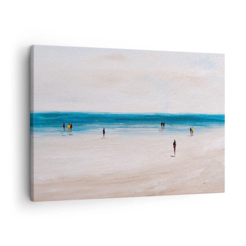 Cuadro sobre lienzo - Impresión de Imagen - Una playa con gente con el mar en calma como telón de fondo. - 70x50cm - Necesidad natural - Decoración de pared moderna para salón y dormitorio ARTTOR
