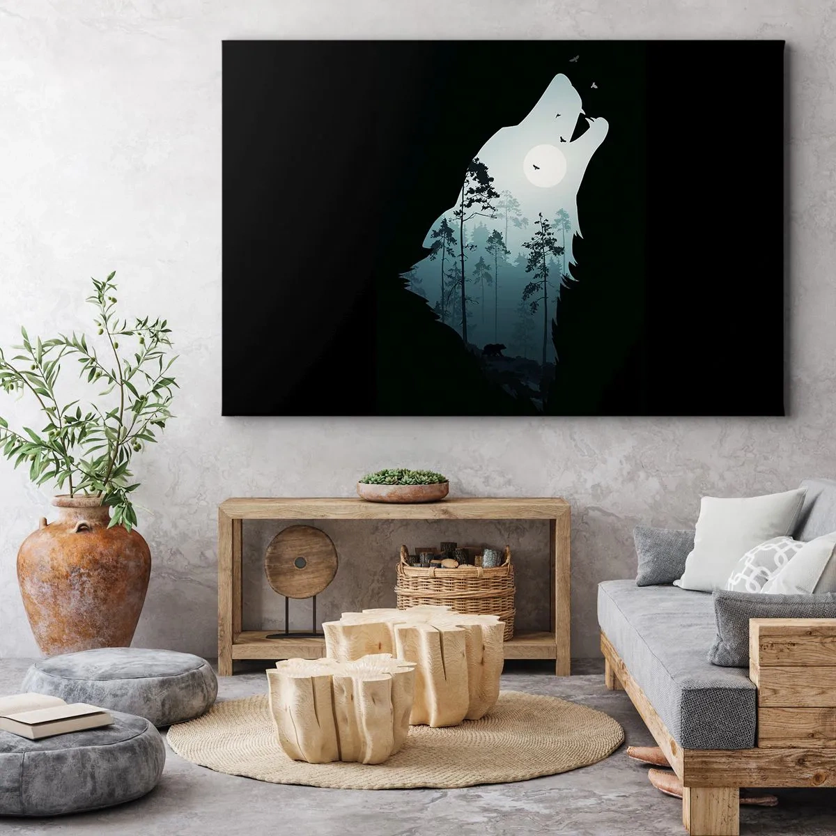 Cuadro sobre lienzo - Impresión de Imagen - Silueta de un lobo con un bosque y la luna al fondo - 100x70cm - Voz de la noche del bosque - Decoración de pared moderna para salón y dormitorio ARTTOR