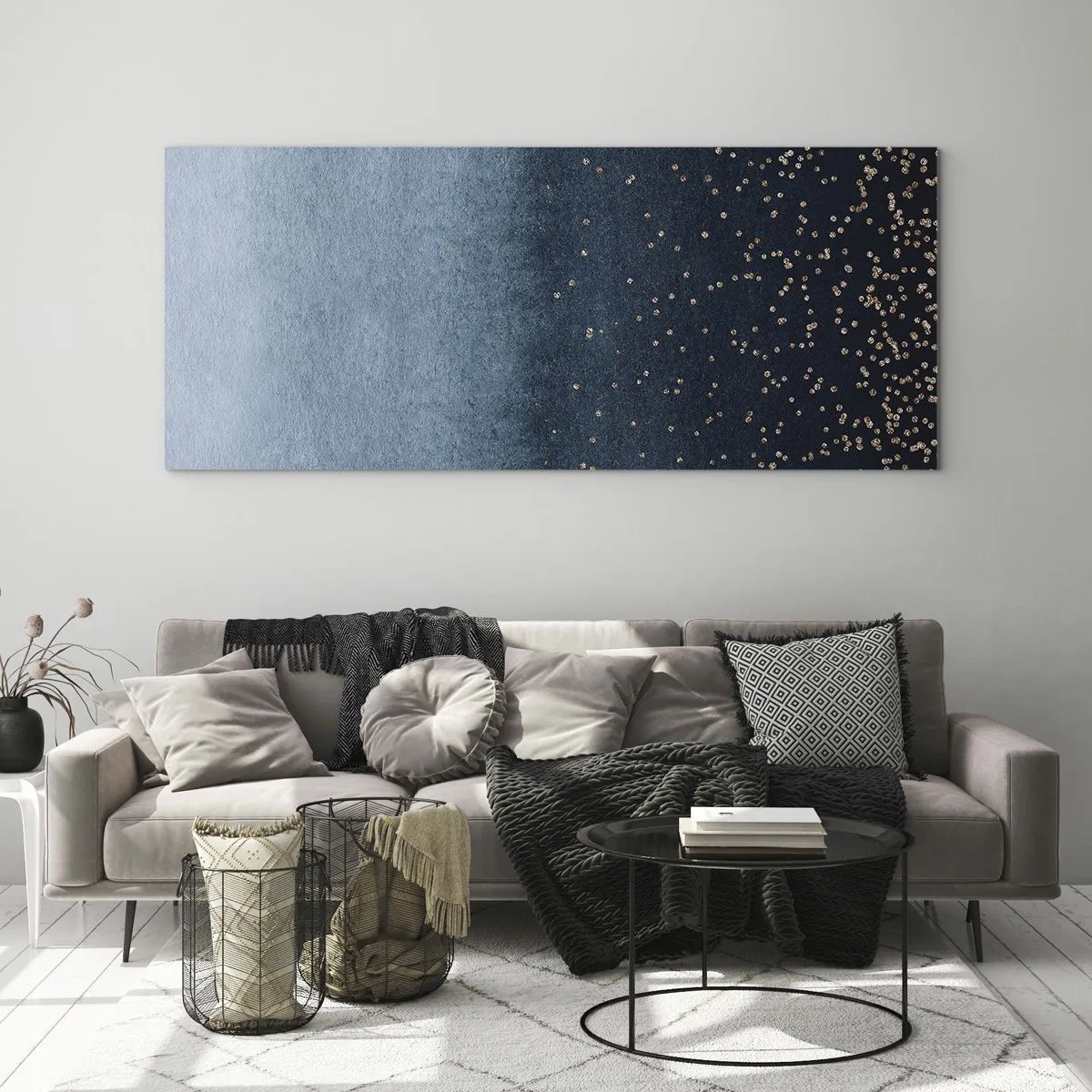 Cuadro sobre vidrio - Impresiones sobre Vidrio - Degradados azules con sutiles acentos dorados - 140x50cm - Composición - fases azules - Decoración de pared moderna para salón y dormitorio ARTTOR
