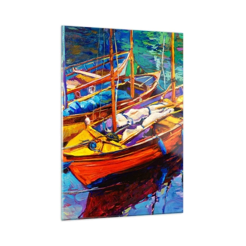 Cuadro sobre vidrio - Impresiones sobre Vidrio - Barcos coloridos en aguas tranquilas - 50x70cm - Sobre el agua espesa de color - Decoración de pared moderna para salón y dormitorio ARTTOR