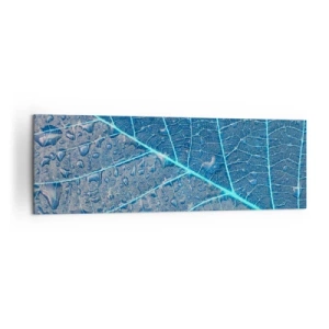 Cuadro sobre lienzo - Impresión de Imagen - Una hoja en tonos azules con gotas de agua. - 160x50cm - Vida en el azul - Decoración de pared moderna para salón y dormitorio ARTTOR