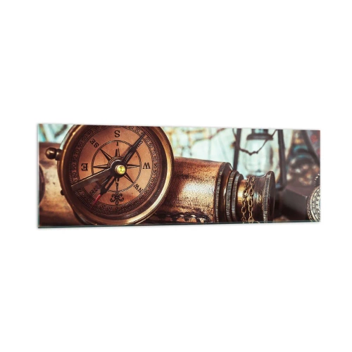 Cuadro sobre vidrio - Impresiones sobre Vidrio - Un conjunto retro con brújula, telescopio y mapa con temática de viajes. - 160x50cm - Te espera una aventura pirata en el Caribe - Decoración de pared moderna para salón y dormitorio ARTTOR