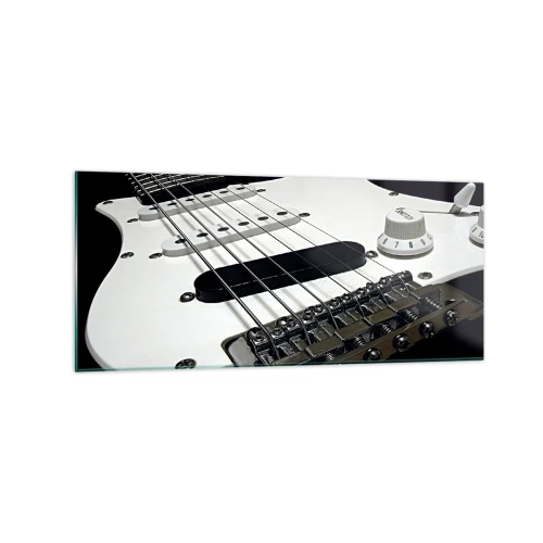 Cuadro sobre vidrio - Impresiones sobre Vidrio - Primer plano de una guitarra eléctrica blanca sobre fondo negro. - 120x50cm - Oculto en blanco está el sonido - Decoración de pared moderna para salón y dormitorio ARTTOR