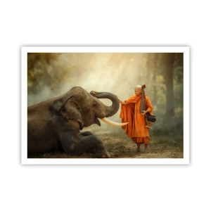 Póster - Un monje y un elefante en armonía con la naturaleza como telón de fondo. - 100x70cm - Un encuentro en un viaje - Decoración de pared moderna para salón y dormitorio ARTTOR