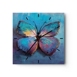 Reloj de pared - Reloj de vidrio - Mariposa colorida sobre un fondo azul - 30x30cm - En todo su esplendor - Decoración de pared moderna para salón y dormitorio ARTTOR