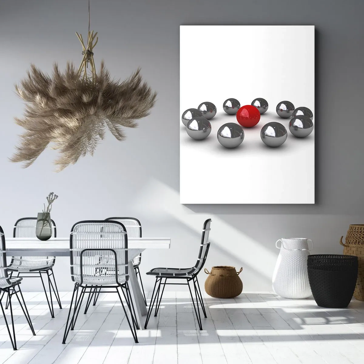 Cuadro sobre lienzo - Impresión de Imagen - Una bola roja rodeada de bolas plateadas sobre un fondo blanco. - 80x120cm - Círculo en plata y rojo - Decoración de pared moderna para salón y dormitorio ARTTOR