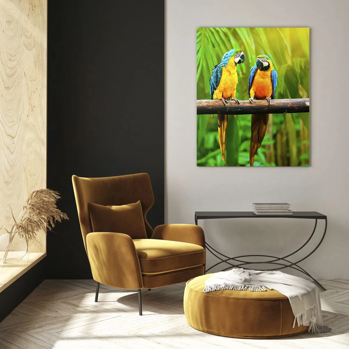 Cuadro sobre vidrio - Impresiones sobre Vidrio - Tres loros guacamayos en una rama en un bosque tropical - 50x70cm - ¿Y has oído que ella...? - Decoración de pared moderna para salón y dormitorio ARTTOR