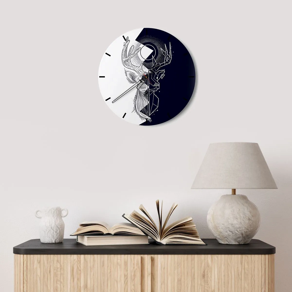 Reloj de pared - Reloj de vidrio - Motivo geométrico de ciervo sobre un fondo de colores contrastantes. - 30x30cm - Lucha y unidad de los opuestos - Decoración de pared moderna para salón, cocina y dormitorio ARTTOR