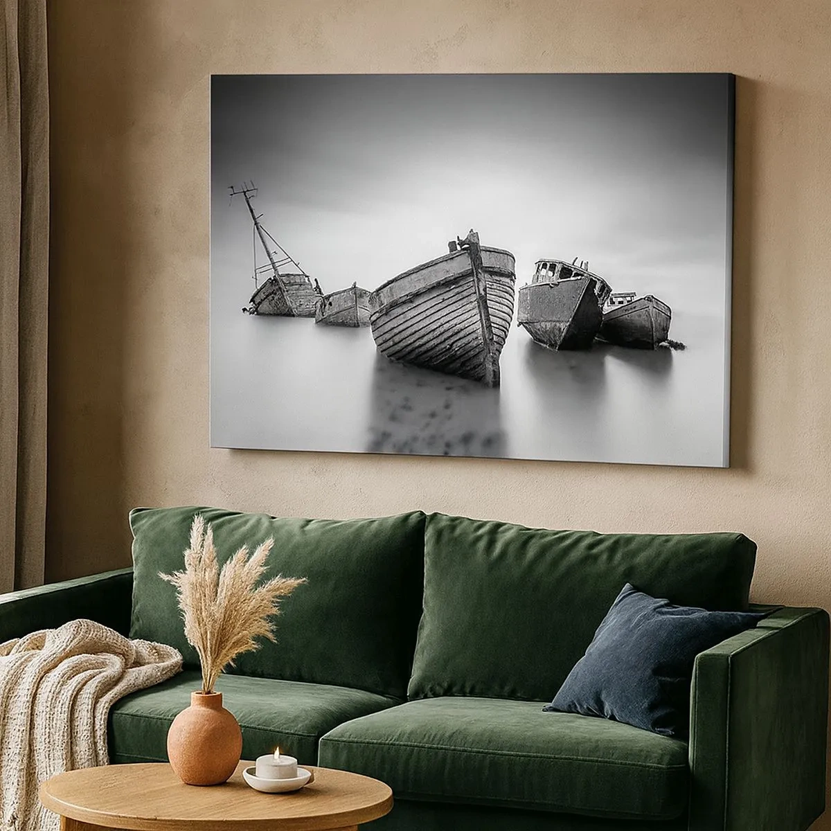Cuadro sobre lienzo - Impresión de Imagen - Barcos abandonados en aguas tranquilas - 70x50cm - Ahora solo quedan los recuerdos... - Decoración de pared moderna para salón y dormitorio ARTTOR