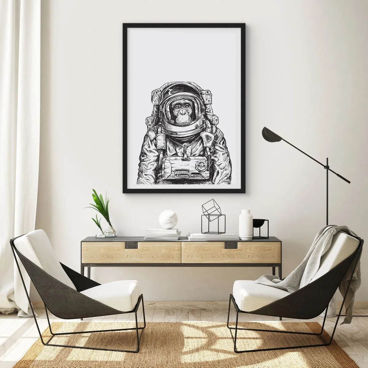 Póster en marco negro - Un mono con traje espacial sobre un fondo blanco. - 50x70cm - Evolución alternativa - Decoración de pared moderna para salón y dormitorio ARTTOR